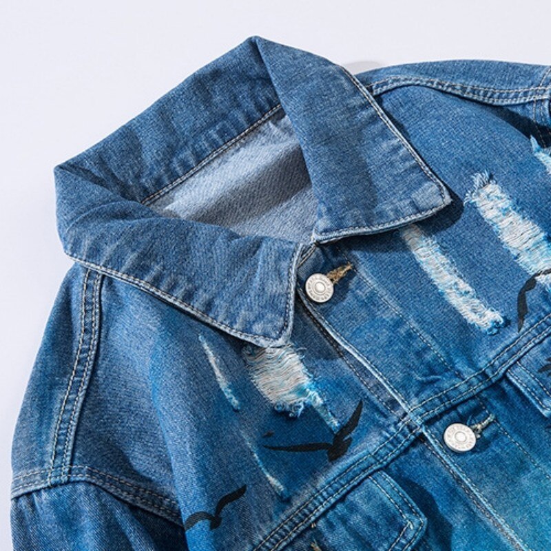 Mode Losse Denim Jas Vintage Bomberjack Ripped Holes Zee Strand Kokospalm Mannen Hip Hop Jeans Jacket Streetwear Coat