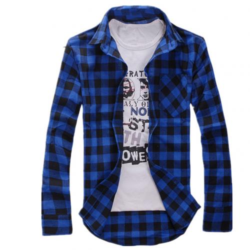 Tenåringer rutete skjorter til menn vår høst langermede skjorter menn fritidsskjorter pluss størrelse skjorter topp camisa masculina: Blå / Xl