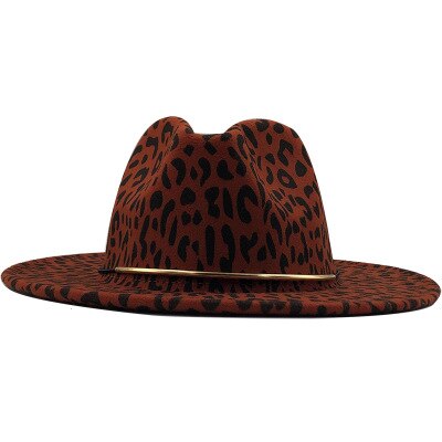 Kvinder jazz hat leopard print fedora hat vinter hat kunstig uld blanding jazz cap bred brim kirke derby flad top hat: Rødvin