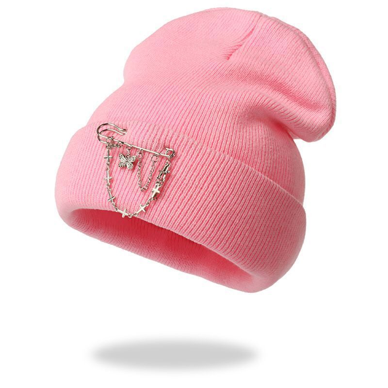 Women's Beanie Hats with Butterfly Chain Accessories for Winter Hip-Hop Knitted Hats Cap Streetwear Warm Hat Girls: Pink