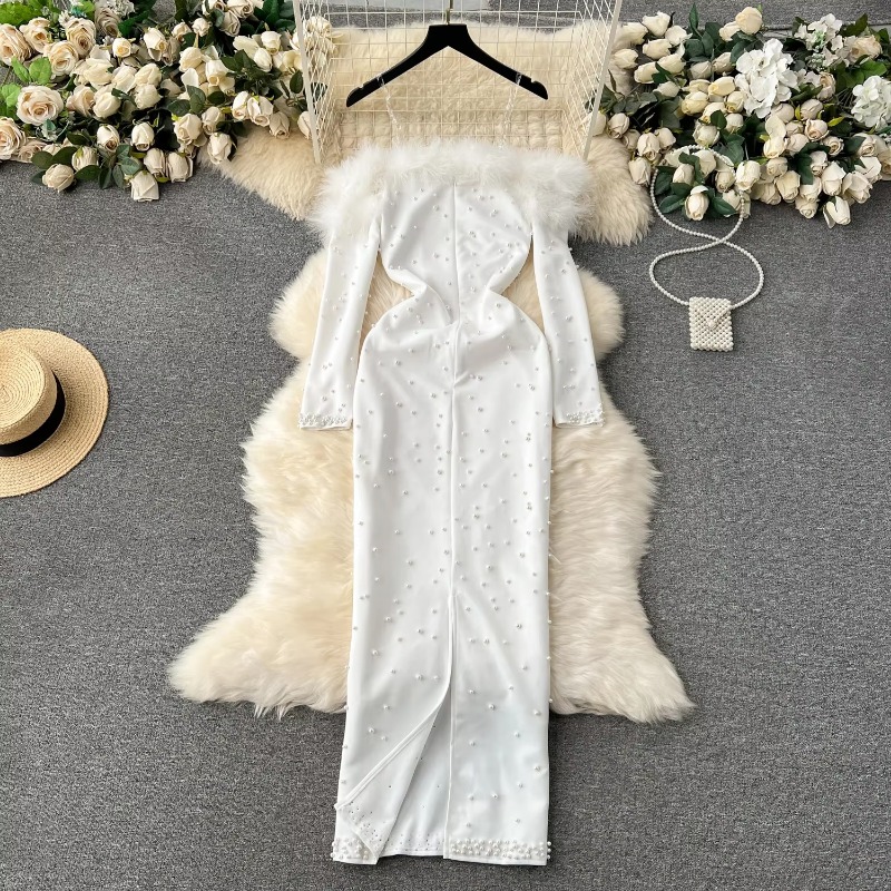 Dam chic fluffig lapptäcke rhinsten långärmad bodycon-klänning med snedskuren halsringning och smal höft- och omlottklänning