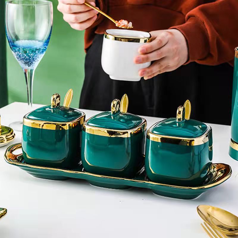 Ceramic Condiment Spice Jars Set Bottle Luxury Golden Salt Sugar Tea Container Storage Jar Household Cooking Kitchen Tool