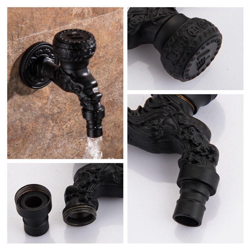 Robinet de lavabo de jardin en laiton sculpté au mur, peinture noire, robinets de vadrouille décoratifs de jardin extérieur