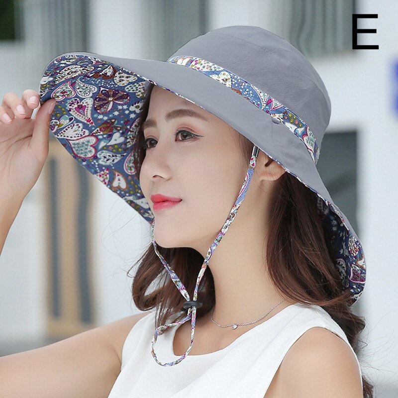 Female Flower Print Double-sided Cotton Linen Sun Hat Women Big Wide Brim Anti-UV Foldable Beach Hats Lady's Bucket Hat: Gray