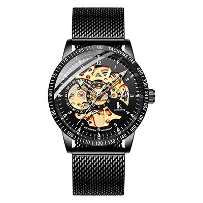 Ik färglägg herrklockor mesh flätat band i rostfritt stål automatisk mekanisk manlig klocka skelett steampunk relogio masculino: B3