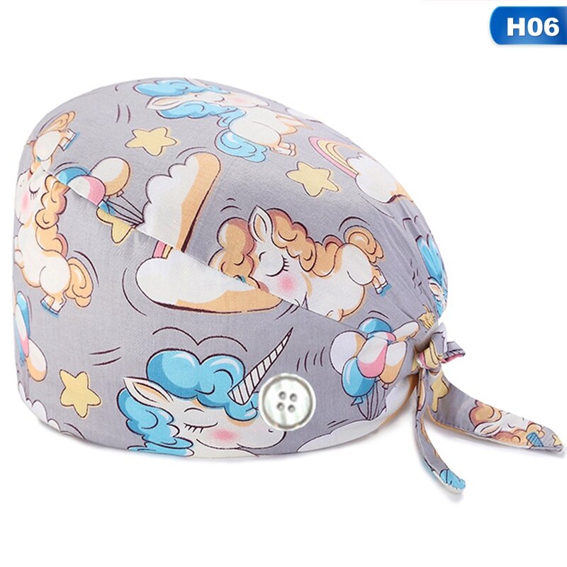 Flower Scrub Cap Pattern Nursing Work Hat Veterinarian Women Men Cotton Tie Back Washable SPA Beautician Chef Skull Cap: 6