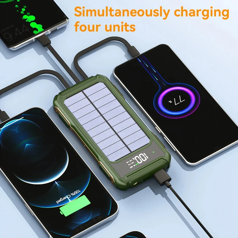 200000mAh 4 in 1 Built in Cables Solar Emergency Power Bank Large Capacity Intelligent Digital Display Power Supply for iPhone