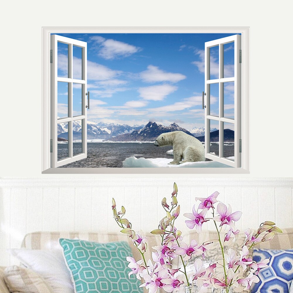 Witte sneeuw gletsjer berg strand ijsbeer 3d raam mooie film muursticker behang uitzicht muurstickers