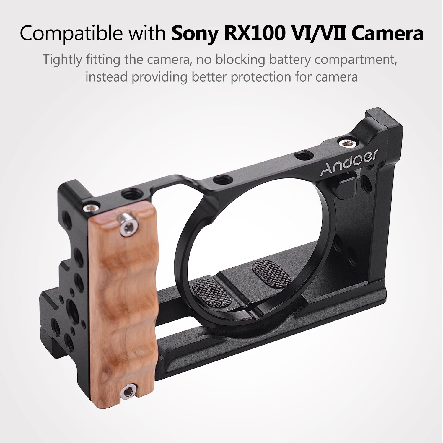 Andoer Metal Aluminum Camera Cage for Sony RX100 VI/VII with Cold Shoe Mount 1/4 Screw Wooden Hand Grip Vlogging Shooting