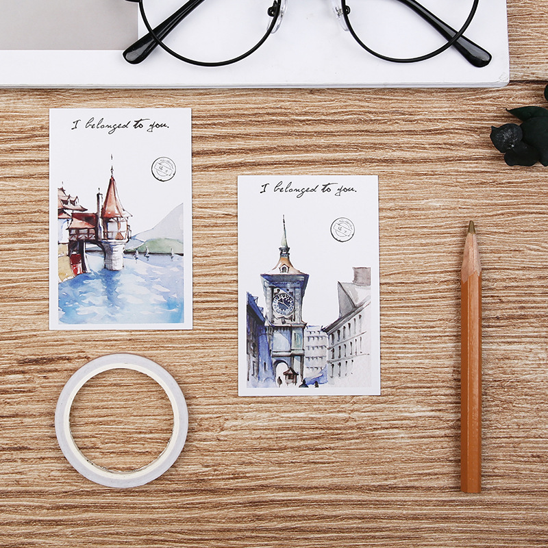 28 folhas/conjunto passando o mundo pintado à mão aquarela cidade lomo cartão postal/cartão de visita/presente de carta de aniversário cartão do cartão