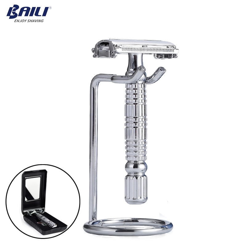 BAILI Men's Barber Butterfly Open Head Safety Shaving Blade Razor Stainless Double Edge Unscrew Zinc Alloy +Stand BD179