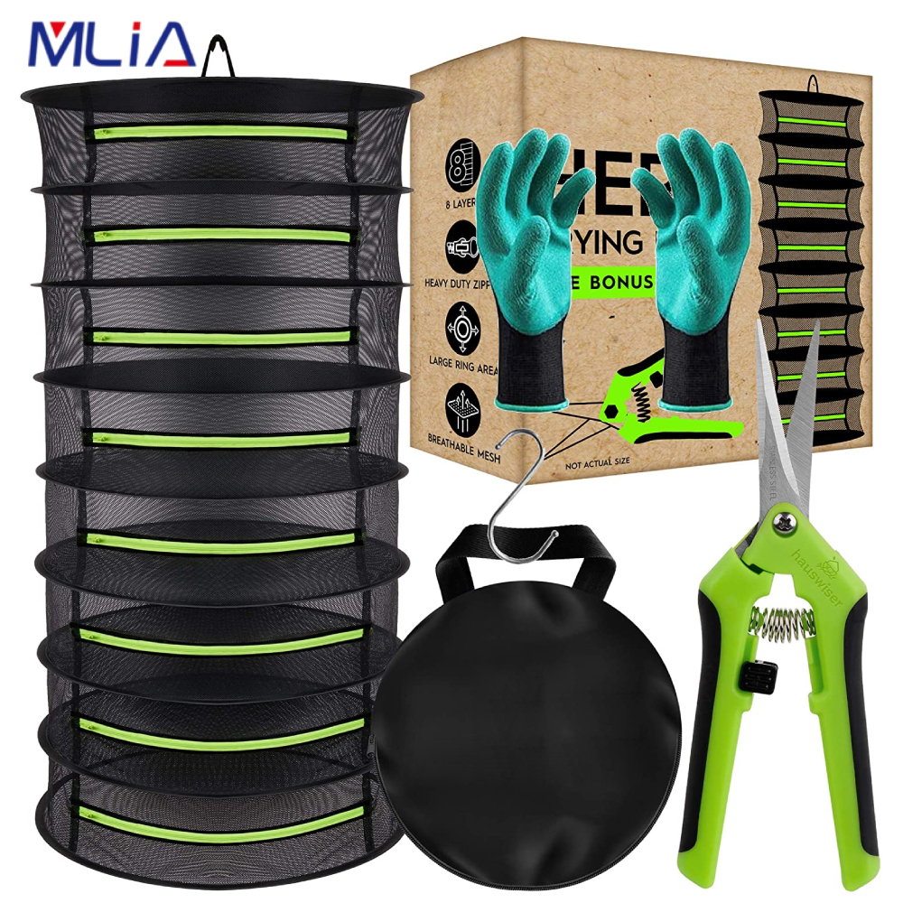 2/4/6/8 Layers Foldable Fabric Herb Drying Rack Hanging Harvest Basket Plant Dryer Net with Green Zipper Garden Pruning Shears