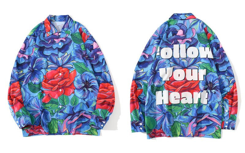 Gonthwid Rose Bloemen Print Bloemen Hawaiian Strand Shirts Streetwear Mannen Hip Hop Harajuku Lange Mouw Knop Party Blouse Tops: L