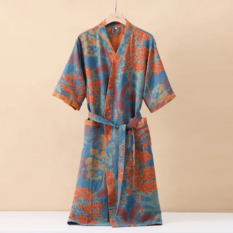 Modisch bedruckter Kimono-Bademantel aus Baumwolle mit halben Ärmeln für den Frühling und den Sommer
