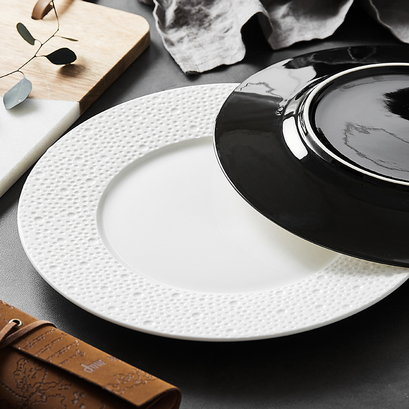 Plato de cerámica blanco y negro para comida occidental, sencillo y moderno para el hogar, redondo, Ramen, ensalada y postre, vajilla comercial