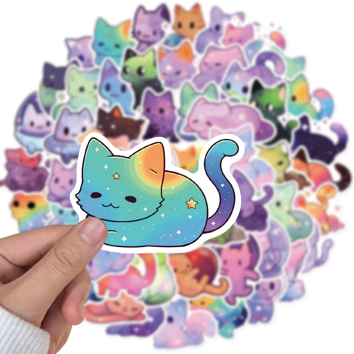 50Pcs Kawaii Cartoon Starry Sky Cats Stickers Colorful Cat DIY Stickers Scrapbooking Phone Luggage Skateboard Waterproof Decals