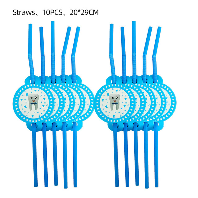 1set Boy/Girl My First Tooth Party Decor Supplies Disposable Tableware Paper Plates Cups DIY Baby Shower Birthday Tooth Balloon: straw 10pcs