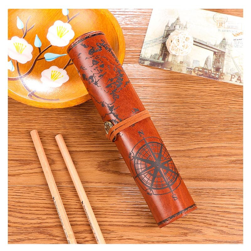 Saco de lápis de couro de rolo do vintage mapa do tesouro grandes casos de lápis estudante caneta saco de armazenamento escola esboço colorido lápis volume