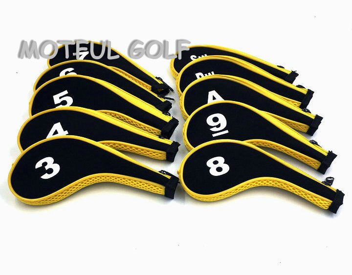 Zipper Golf Iron Headcover irons set Head Cover with zip 10pcs/set White color number printed: Yellow