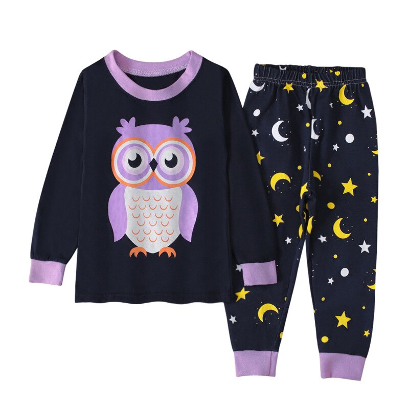 Efterår baby børn ugle måne stjerne trykt pyjamas sæt 2 stk drenge piger top bukser søde træningsdragt: 4t