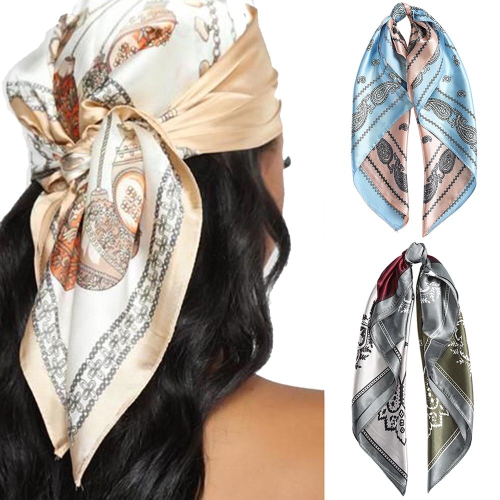 60*60CM Druck Bandanas Haar Bands Für Mädchen Frauen Platz Satin- Schal Turban Stirnband Neue Jahrgang Haar zubehör