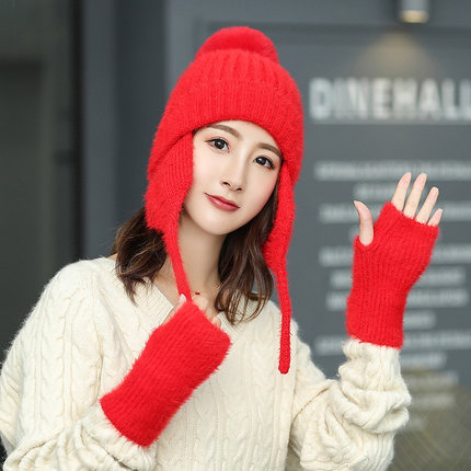 Winter Vrouwen Wol Gebreide Bomber Hoed Effen Harige Ballen Zoete Dikke Plus Fluwelen Oorklep Caps Outdoors Warm Russische Ushaka Elastische: Red / Hat and Gloves