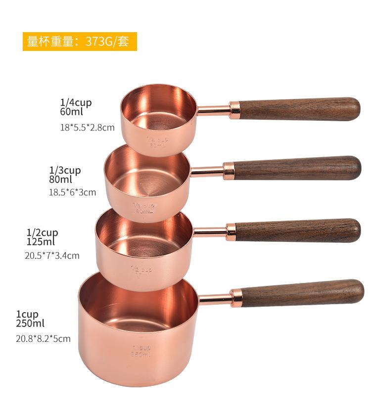 4Pcs/8Pcs Kitchen Measuring Spoons Rose Gold Plating Measuring Cups Spoon Walnut Wooden Handle Rose Gold Measuring Scoop