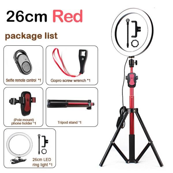 10 zoll 26cm Selfie Porträt LED Ring Licht für Handy, Kamera Video Aufzeichnen, make-up 1,8 m Höhe Stativ Ring Lampe Kit: red