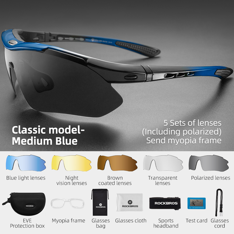 ROCKBROS Polarized Cycling Glasses Men Sports Sunglasses Road MTB Mountain Bike Bicycle Riding Protection Goggles Eyewear 5 Lens: Blue