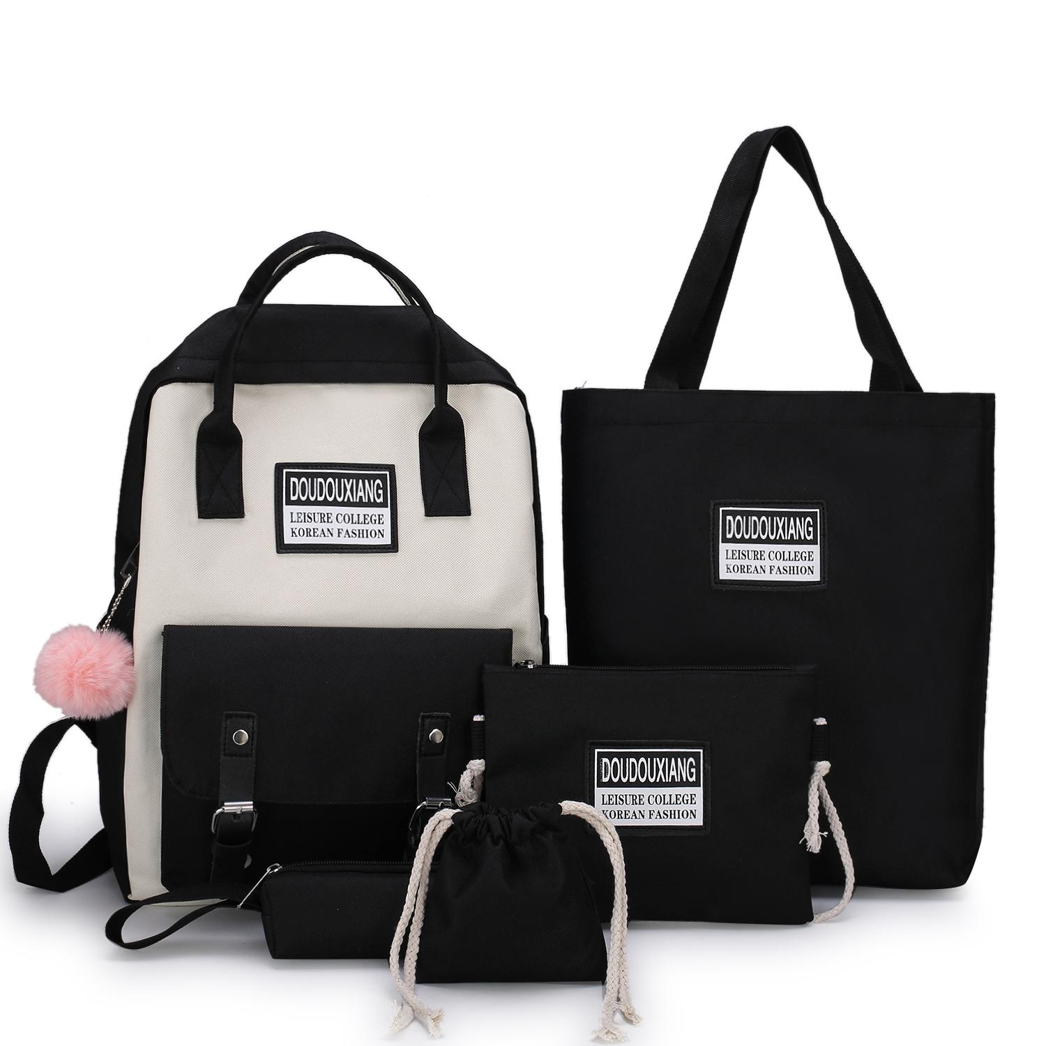 Canvas Female Book Bag Backpack 5pcs/set Schoolbag School Bag Travel Pack Tassel Women Teenage Teenagers Girl: Style 7 Black