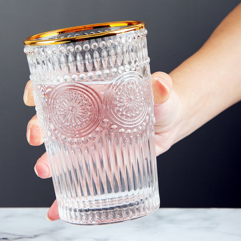 Sense of Weight 250-380ml Vintage Embossed Wine Cup Ins Whiskey Vodka Sun Flower Stemless Golden Mouth Ice Coffee Bar Drinkware: 380ml Gilt mouth