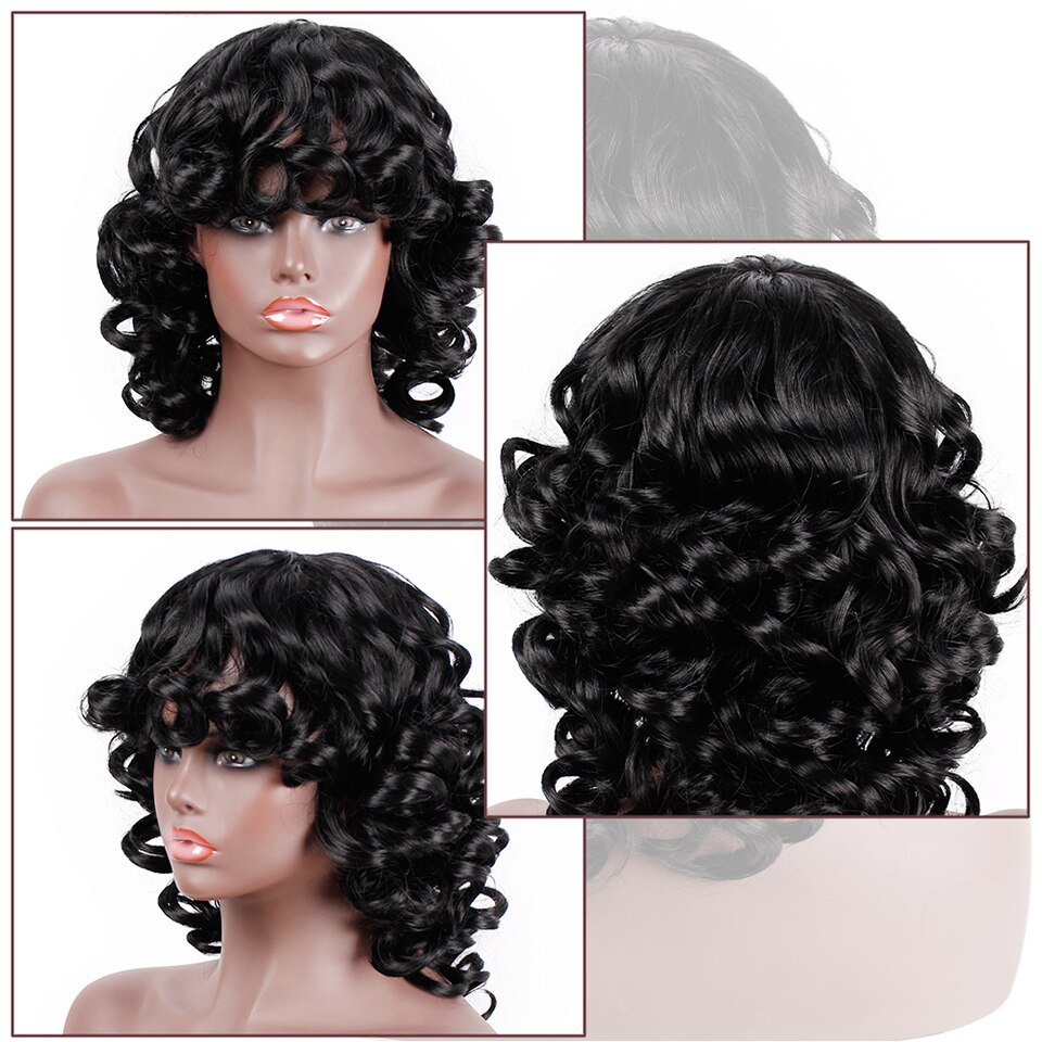 Stamped Glorious Short Afro Curl Wig with Bangs Brown Mix Black Synthetic Wigs for Women Curly Bob Wig Heat Resistant Fiber