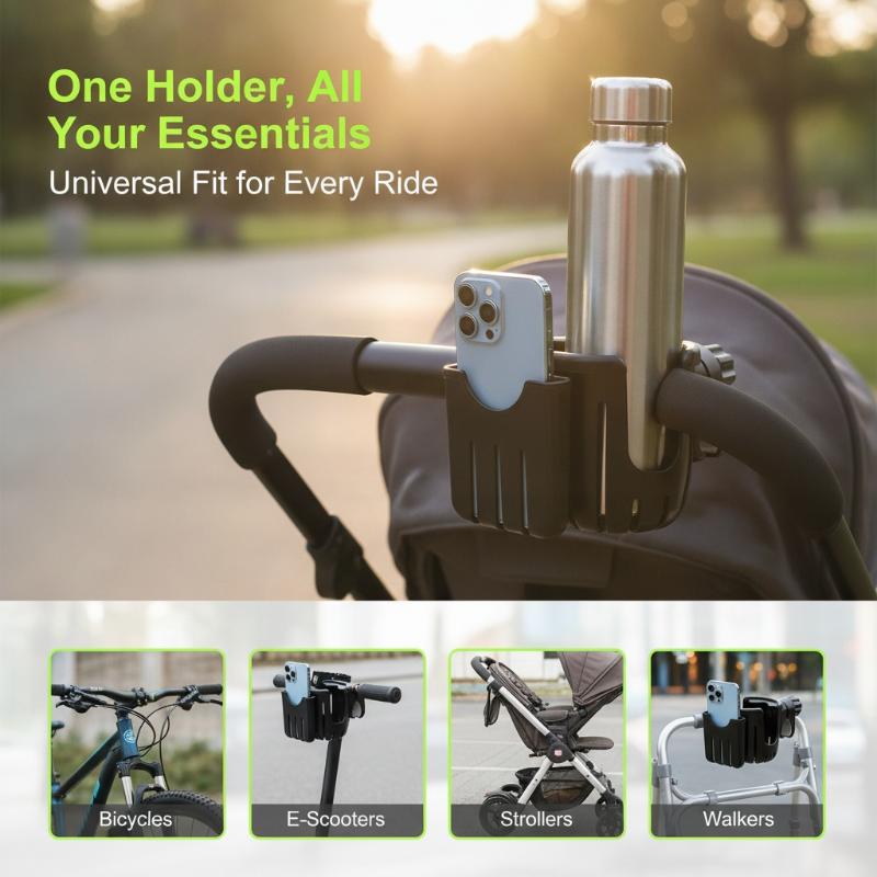 2-in-1 fietsaccessoire beker- en telefoonhouder, universeel verstelbaar, geschikt voor kinderwagen, rolstoel, rollator, scooter en fietsgebruik.
