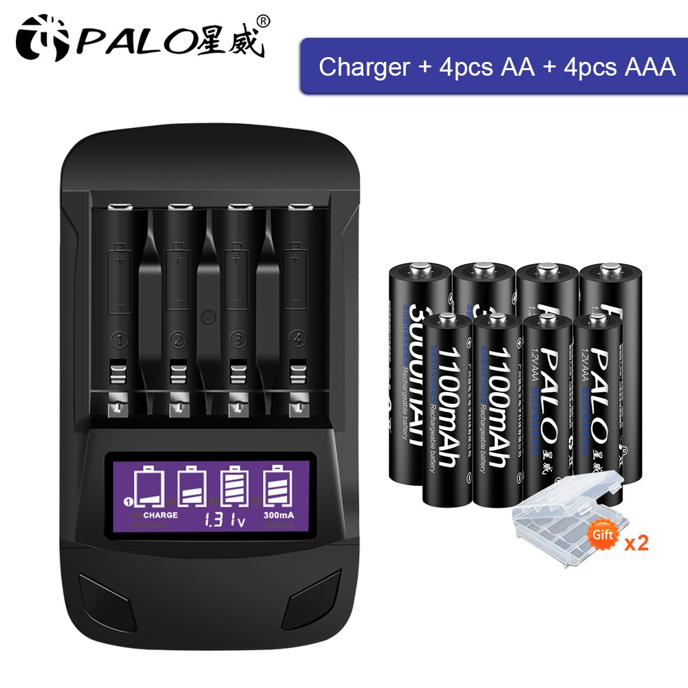 Palo 1.2V Aa Oplaadbare Batterij Aa + Aaa Batterij Oplaadbare Aaa 1.2V Ni-Mh Batterij + Smart Charger Aa aaa Batterij Oplader: 4AA4AAA and charger