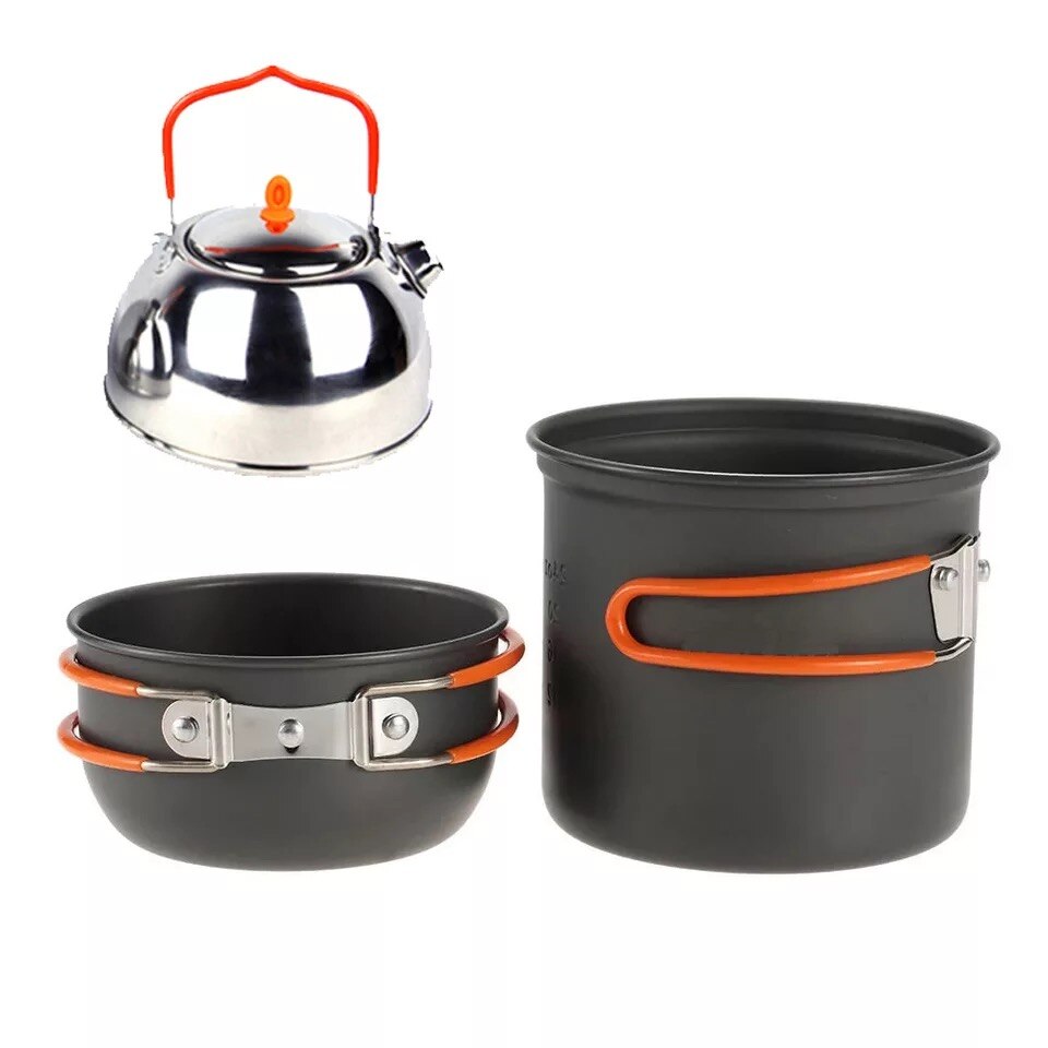 K&a utomhus 3 st gryta panna vattenkokare set camping kokkärl gryta picknick set handtag pan camping servis te vattenkokare för gasspis: Default Title