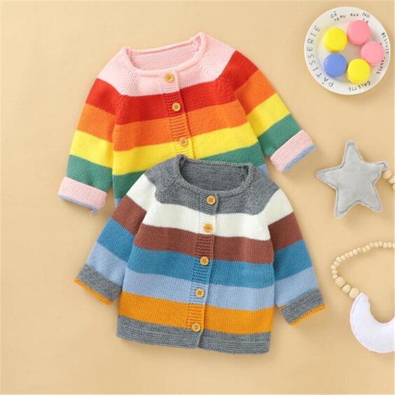 Roupa Do Bebê Recém-nascido Do bebê Cardigan Camisola de Malha Outono Rainbow Casaco Cardiagn Camisola Da Menina Da Criança Do Bebê Meninas Casaco Cardigan