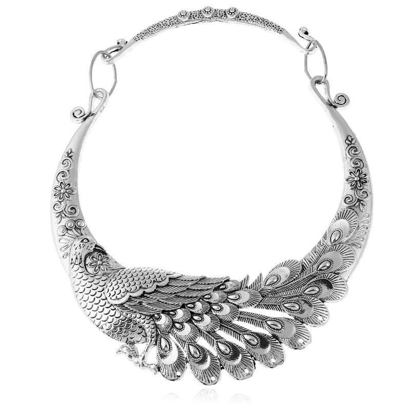 Etnisk stil udskåret påfugl choker halskæde til kvinder vintage metal chocker statement halskæde collares collier femme: Sølv