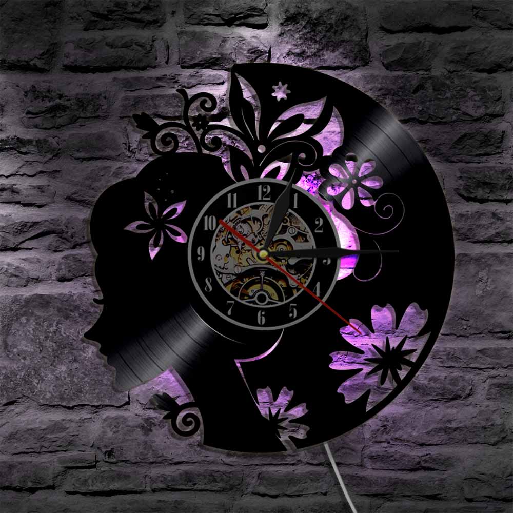 Beauty Girl Vinyl Record Wall Clock Beautiful Lady With Flower Time Clocks Watch LED Black Light Modern Home Decor Unique