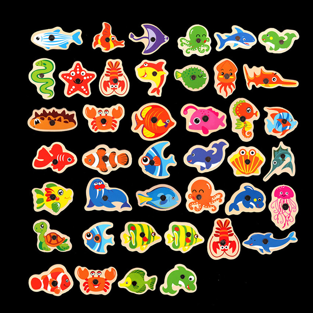 41Pcs Fish Wooden Magnetic Fishing Toy Set Fish Game Educational Fishing Toy