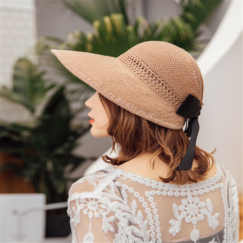 tSun hat foldable straw hat empty top sun hat female summer all-match hat sun hat to cover face outing: Khaki
