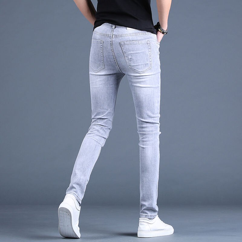Beggar Style Men’s Slim-fit Ripped Jeans Embroidery Stretch Denim Pants,Scratches Sexy Gray Jeans Pants;