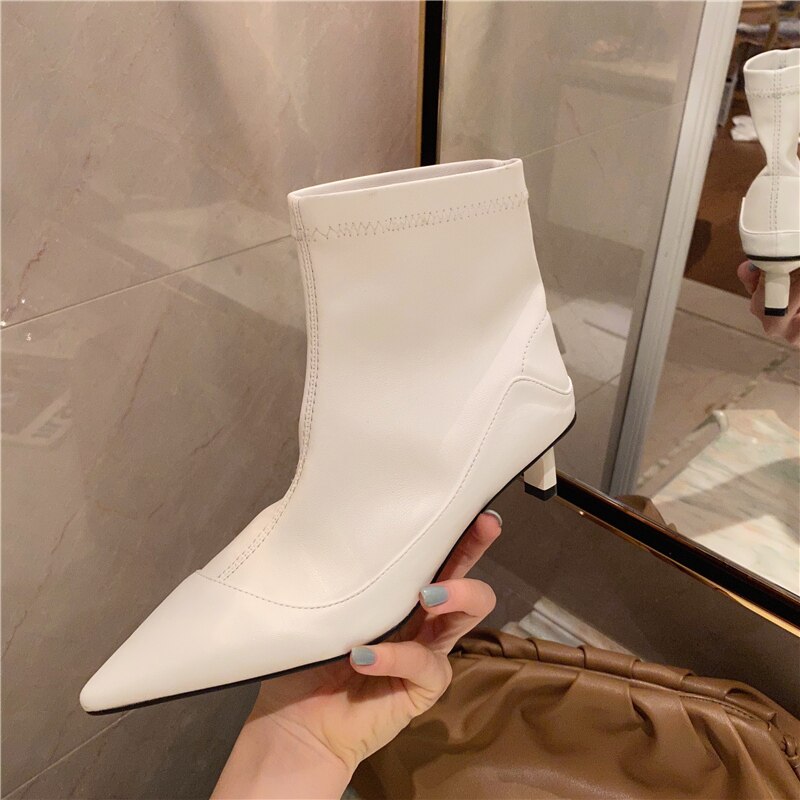 Vit spetsad tå dam sock boots låga tunna höga klackar stretch tyg boots dam varm päls slim fit slip on ankel boots skor
