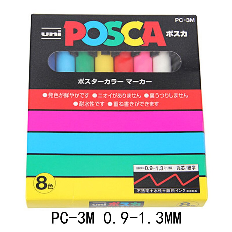 UNI POSCA – Rotulador artístico al óleo con cabeza redonda para publicidad, marcador pluma para pintura de grafitti, PC-1M PC-3M PC-5M PC-8K PC-17K, POP: PC-3M 8 colors