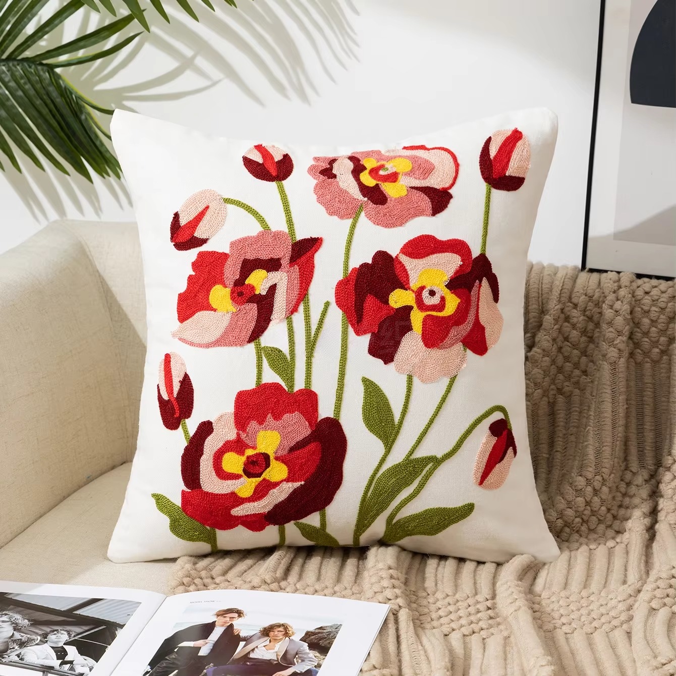 45X45CM Bloem Geborduurde Sierkussen Cover Plant Handdoek Moderne Stempelen Taille Kussenhoes Decor Home Decoratieve kussensloop