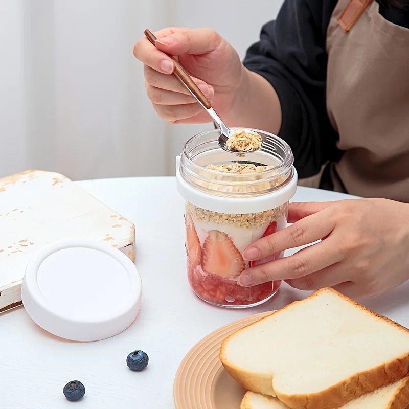 Taza de avena nocturna de 350ML, vaso con tapa y cuchara, taza para desayuno, taza portátil para cereales, leche, ensalada, yogur, artículo de cocina