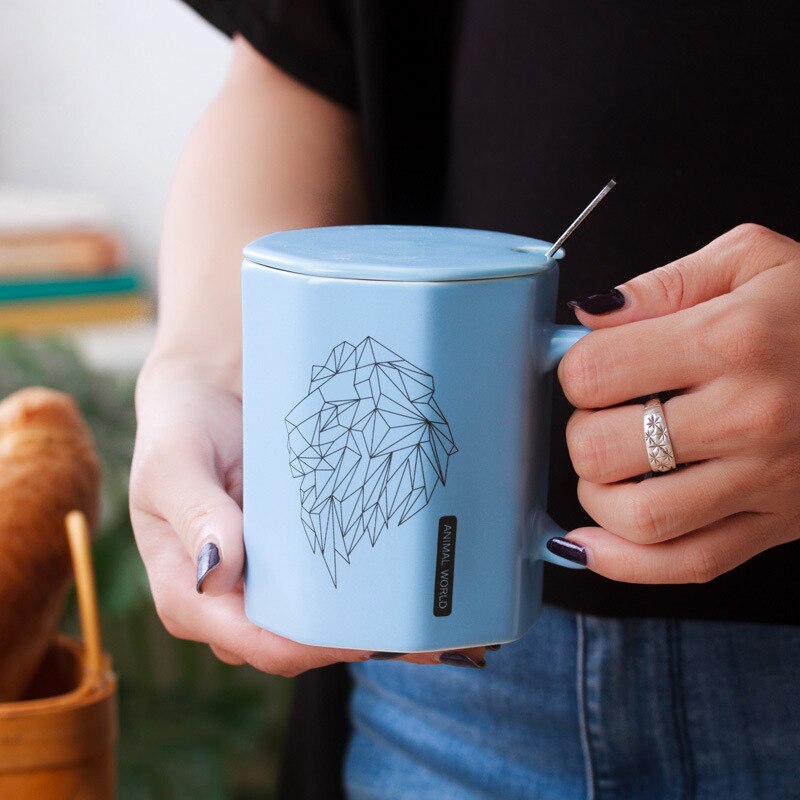 Unique Polygonal ceramic Mug with lid spoon,Male female office mugs couple cups Cartoon cute tea mug Drinkware cup