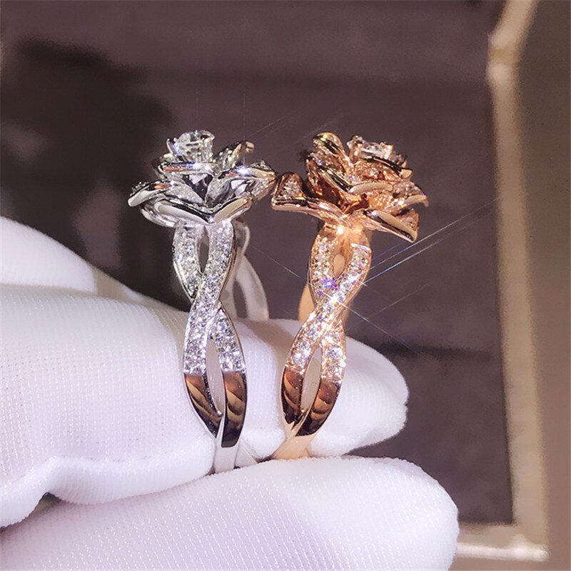 Leuke Mode Grote Rose Bloem Ring Luxe Vrouwelijke Rose Gold Engagement Ring Vintage Party Wedding Band Ringen Voor Vrouwen