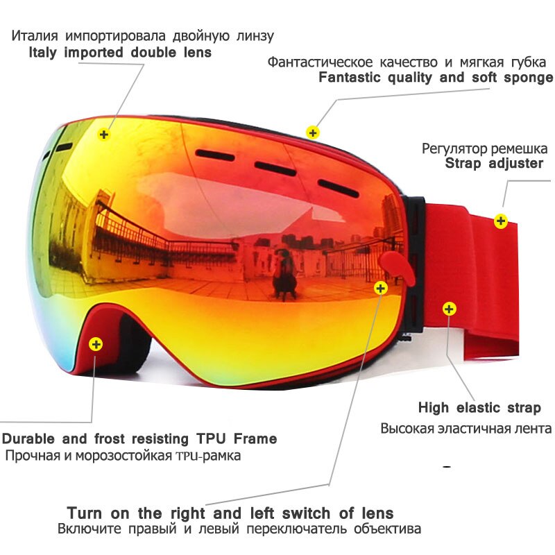 Benice double Layers UV anti-fog lens Men ski goggles big spherical skiing snowboarding snow glasses Eyewear 3100 Set case