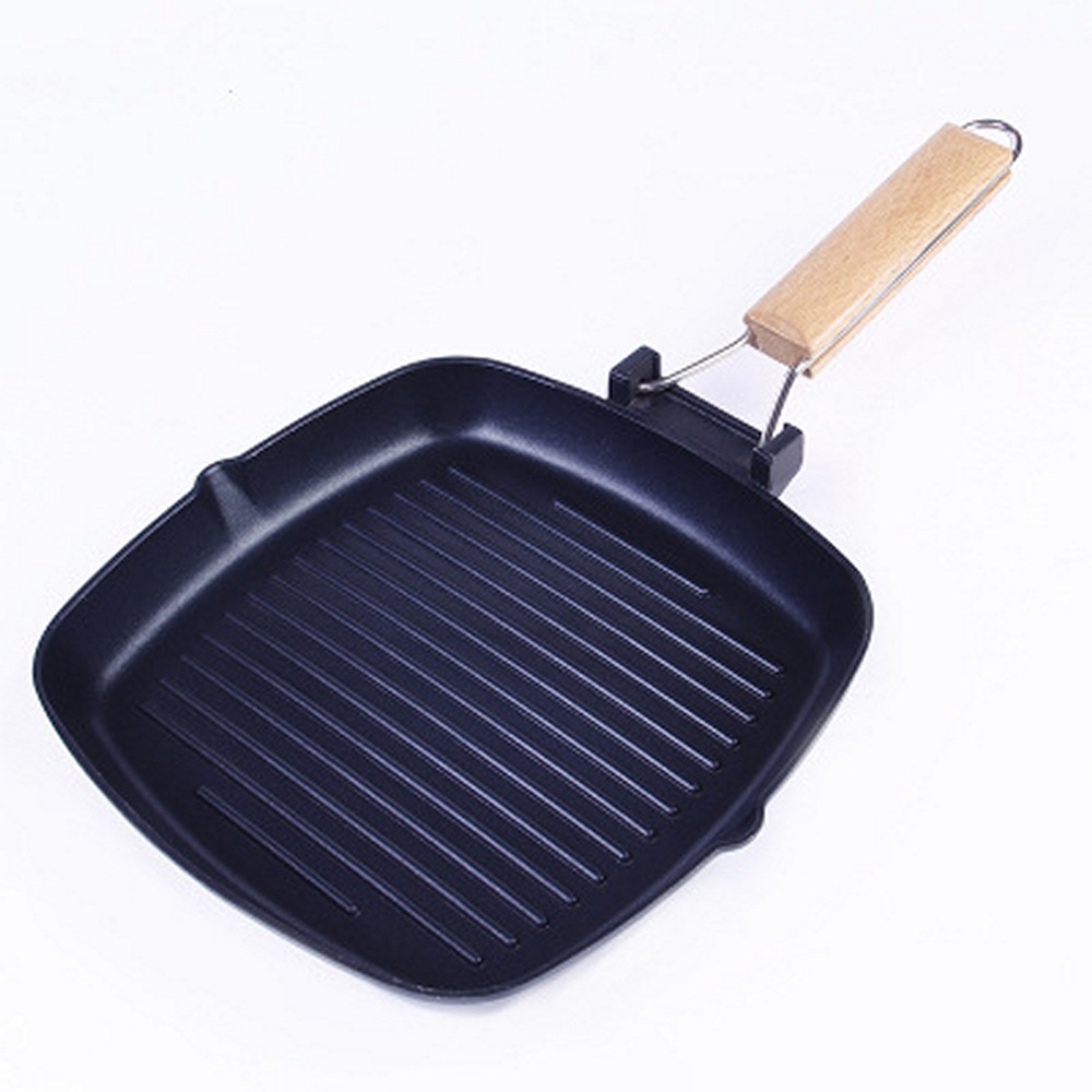 Non-stick Steak Frying Pan Cast Iron Wooden Handle Folding Pancakes Frying Pan Square Grill Plate Kitchenware Cooking Tools