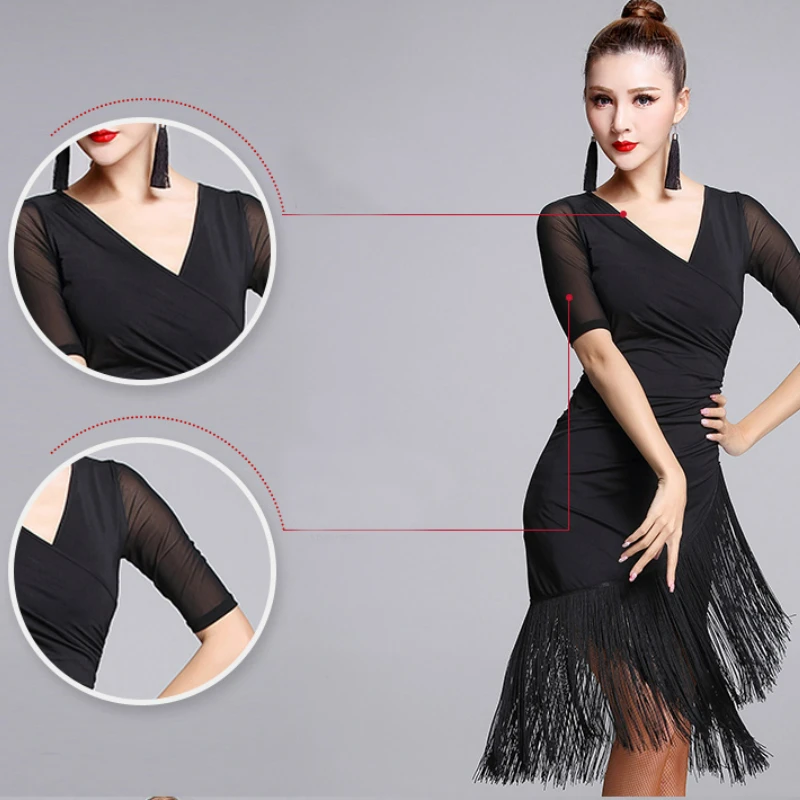 Vestido de baile latino negro de manga corta con borlas para mujer, vestido de una pieza para baile latino, trajes de tango Cha Rumba